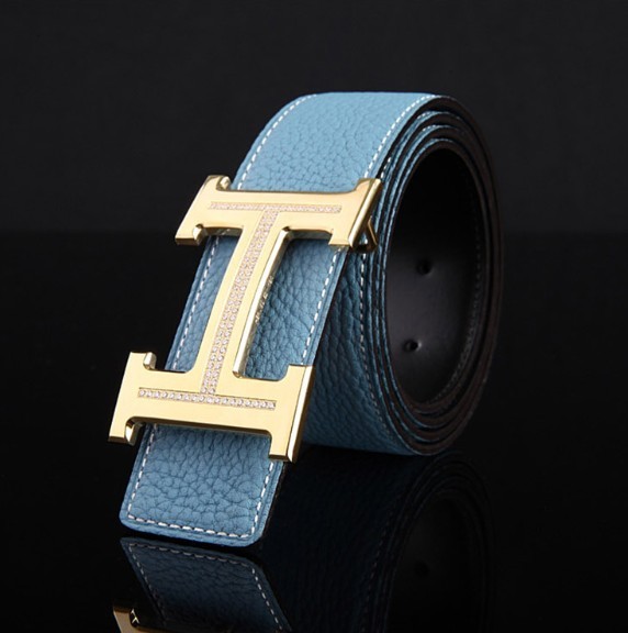 Hermes 2014 Classic Stripe Leather Reversible Blue Belt 18k Gold
